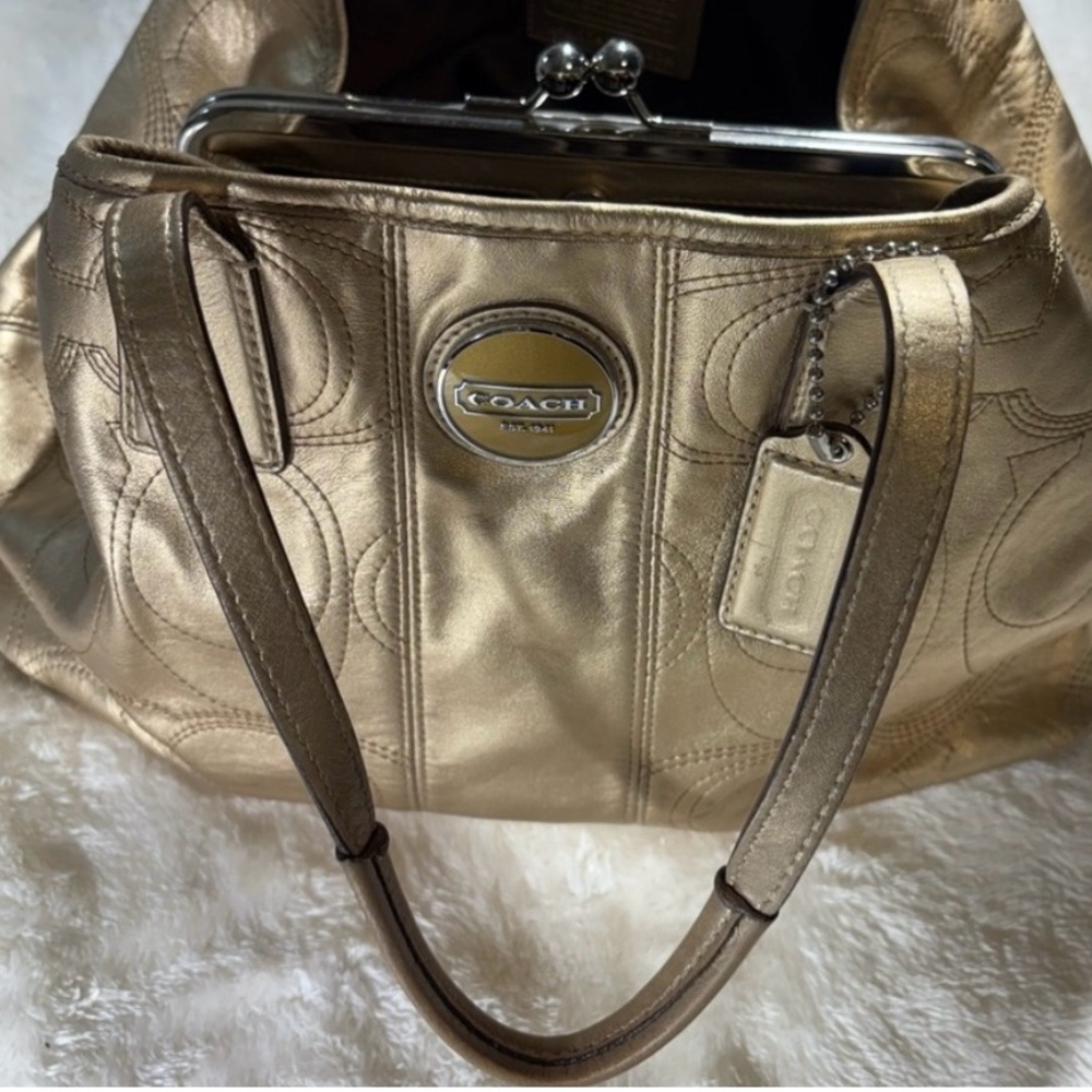 Coach Kisslock Metallic Gold tone Large Shoulder bag